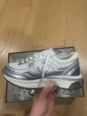 CHANEL Silver & White Platform Runner Sneakers fit like an 5.5